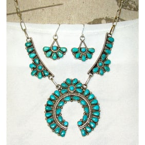 Navajo Turquoise Cluster Naja Squash Blossom Necklace & Earrings Set Sterling Nez