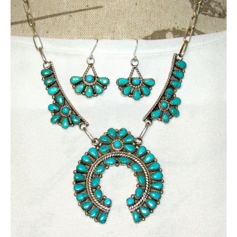 Navajo Turquoise Cluster Naja Squash Blossom Necklace & Earrings Set Sterling Nez (1 of 6)