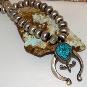 Navajo Squash Blossom Necklace E Hale Number 8 Turquoise Sterling Silver 110 G