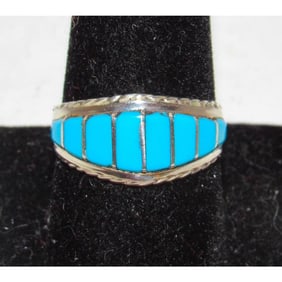 Zuni Turquoise Inlay Ring Sz 9 Sterling Silver M. Peynesta Native American