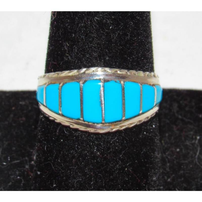 Zuni Turquoise Inlay Ring Sz 9 Sterling Silver M. Peynesta Native American (1 of 3)