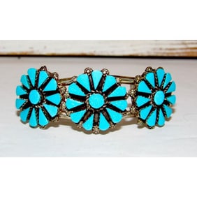 Zuni Turquoise Cluster Cuff Bracelet Sterling Silver David & Mary Chavez