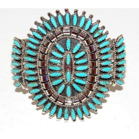 Navajo Turquoise Cluster Cuff Bracelet Sterling Silver Native American Signed
