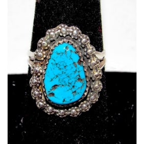 Navajo Kingman Turquoise Statement Ring Sz 7.5 Sterling Silver Signed Native