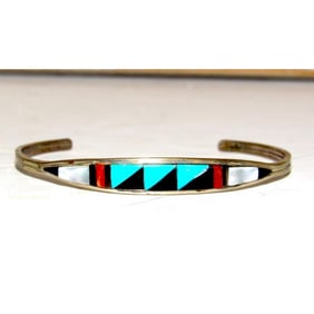 Zuni Inlay Turquoise Coral Bracelet Sterling Silver C. Weebothee Stacker