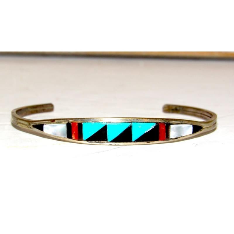 Zuni Inlay Turquoise Coral Bracelet Sterling Silver C. Weebothee Stacker: Zuni Inlay Turquoise Coral Bracelet Sterling Silver C. Weebothee Stacker. 6 1/4" inside circumference. Fab dainty Zuni cuff. FREE SHIPPING ON ALL JEWELRY ORDERS WITHIN THE US! WE HANDLE ALL PACKAGING