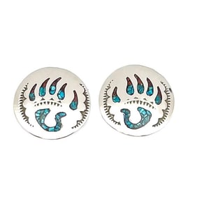 Navajo Earrings Bear Paw Design Turquoise Coral Inlay Joleen Yazzie