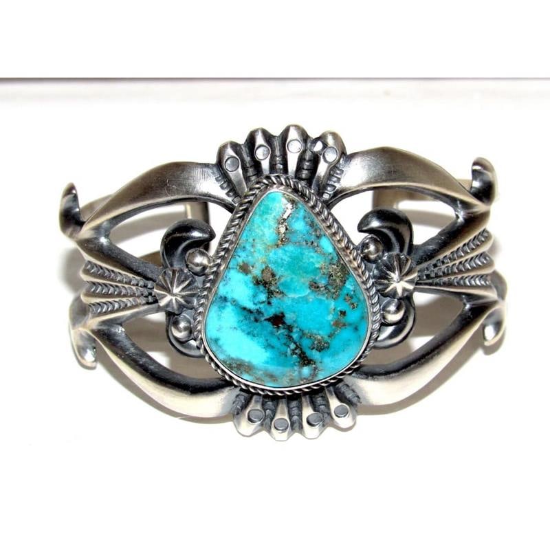 Navajo Royston Turquoise Cuff Bracelet Sand Cast Sterling Silver H.Bitsue (1 of 4)