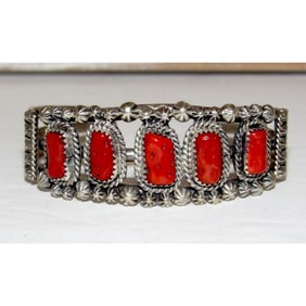 Vintage Navajo Mediterranean Coral Cuff Cluster Bracelet Sterling Silver
