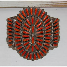 Old Pawn Navajo Coral Cluster Cuff Bracelet Sterling Silver Lavell Byjoe