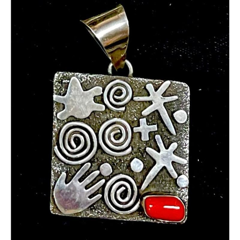 Massive Navajo Alex Sanchez Petroglyph Pendant Sterling Silver Coral (1 of 3)