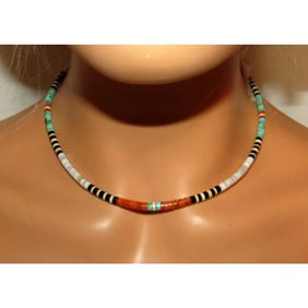 Santo Domingo Rolled Shell Orange Spiny & Turquoise Heishi Choker Necklace 16"L