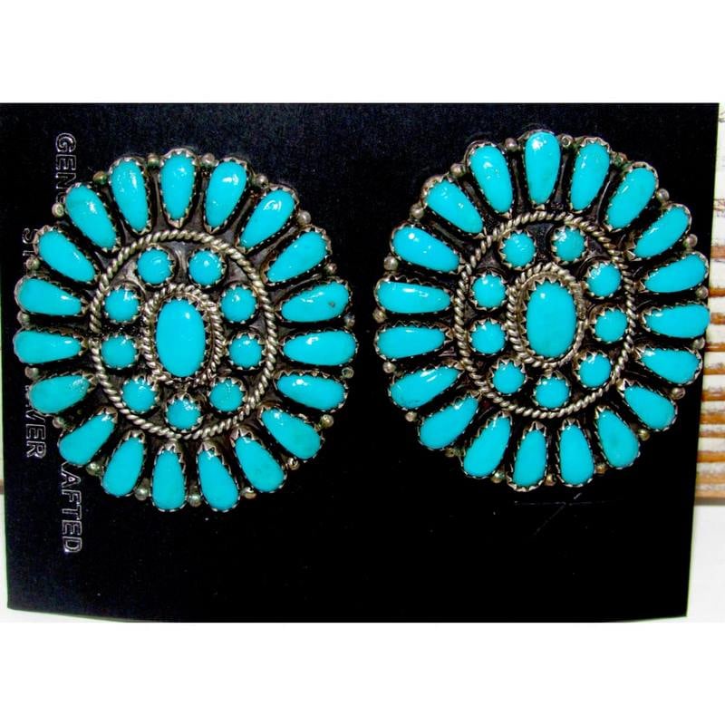 Vintage Navajo Large Turquoise Cluster Post Earrings Sterling Silver Z. Begay (1 of 3)