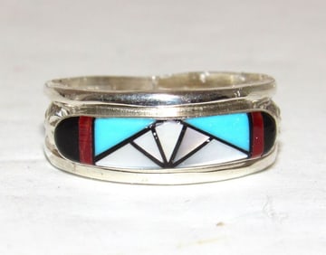 Vintage Zuni Coral Turquoise Inlay Band Ring Size 7 Sterling Silver