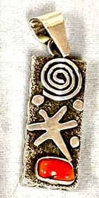 Navajo Alex Sanchez Petroglyph Pendant Sterling Silver Coral
