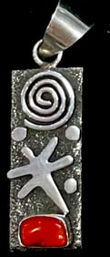 Navajo Alex Sanchez Petroglyph Pendant Sterling Silver Coral
