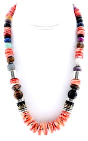 Navajo Tommy Singer Orange Spiny Heishi Necklace Sterling Silver 12K Gold 20"