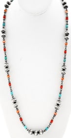 Navajo Pearls Necklace Sterling Silver Turquoise Spiny Graduated Beads