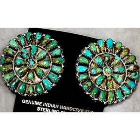 Navajo Large Turquoise Cluster Earrings Sterling Silver 1.5" Signed Native