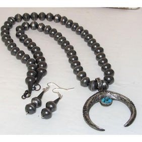 Vintage Navajo Pearls Naja Squash Blossom Necklace & Earrings Set Sterling