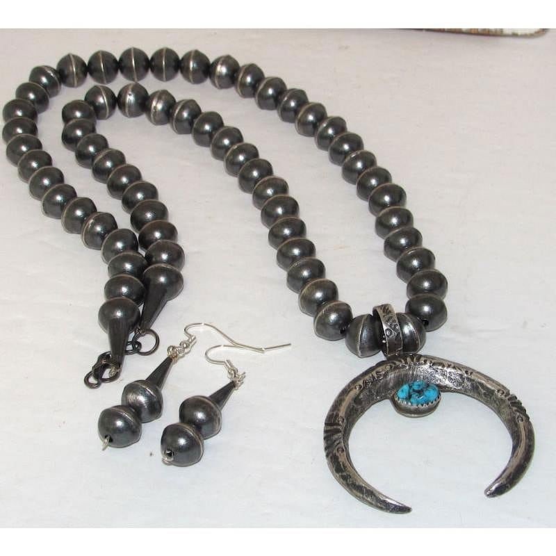 Vintage Navajo Pearls Naja Squash Blossom Necklace & Earrings Set Sterling (1 of 5)