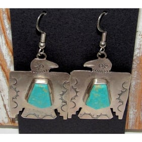 Vintage Navajo Thunderbird Earrings Sterling Silver Royston Turquoise
