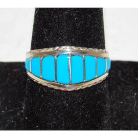 Zuni Turquoise Inlay Ring Sz 9 Sterling Silver M. Peynesta Native American