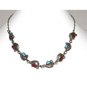 Vintage Navajo Sterling Silver Turquoise Coral Blossom Necklace