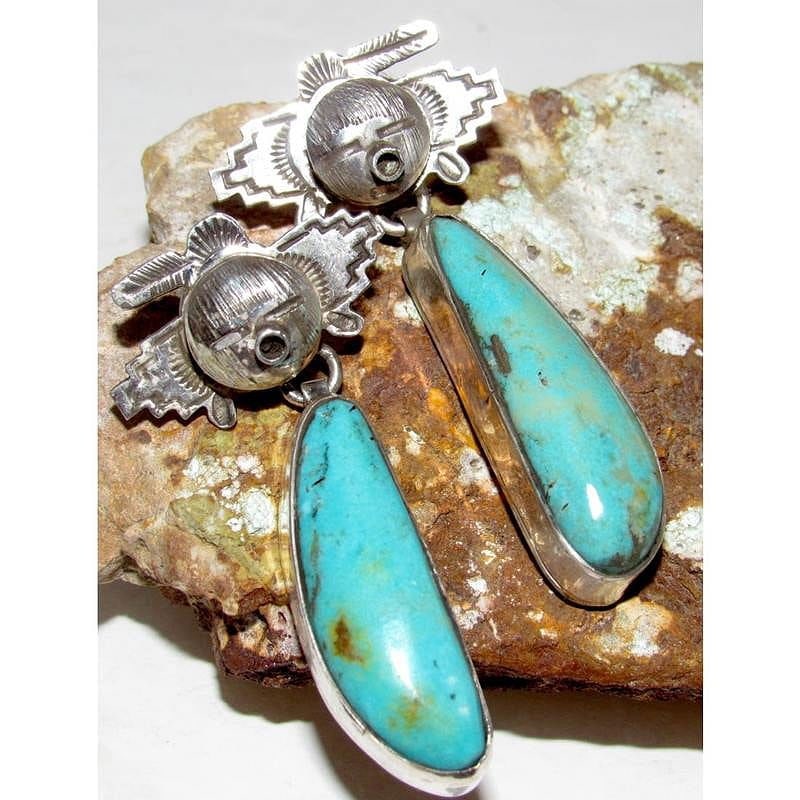 Navajo Kachina Dangle Earrings Numer 8 Turquoise Sterling Silver Bennie Ration (1 of 3)
