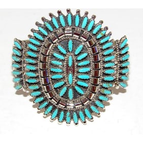 Navajo Turquoise Cluster Cuff Bracelet Sterling Silver Native American Signed