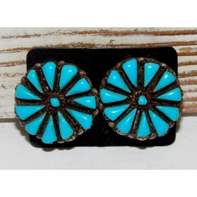 Old Pawn Zuni Cluster Earrings Petit Point Turquoise Sterling Clip On