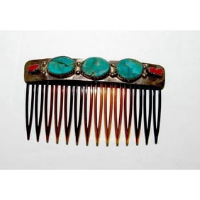 Vintage Navajo Sterling Silver Turquoise Coral Hair Comb