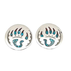 Navajo Earrings Bear Paw Design Turquoise Coral Inlay Joleen Yazzie