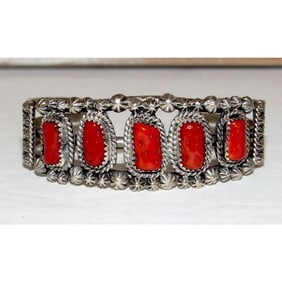 Vintage Navajo Mediterranean Coral Cuff Cluster Bracelet Sterling Silver