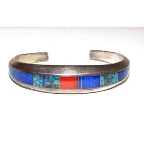 Navajo Sterling Silver Carinated Bracelet Coral Lapis & Turquoise by Ray Tracey