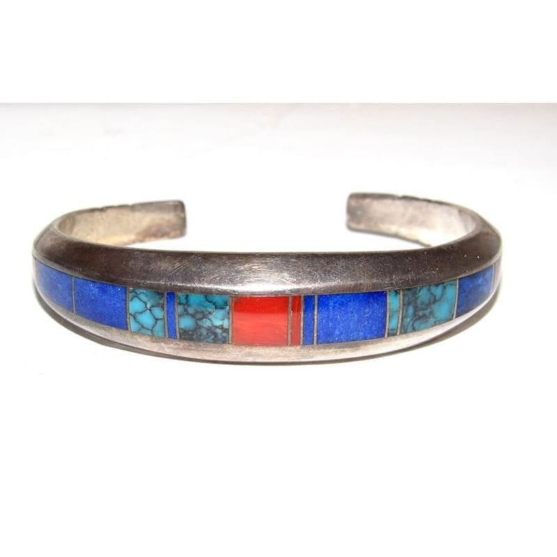 Navajo Sterling Silver Carinated Bracelet Coral Lapis & Turquoise by Ray Tracey (1 of 5)