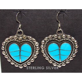 Zuni Turquoise Inlay & Sterling Silver Heart Dangle Earrings Faye Lowsayatee