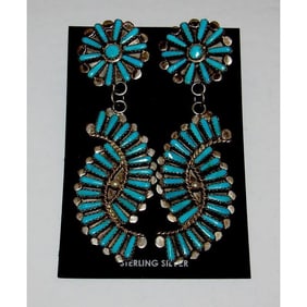 Zuni Petit Point Turquoise Dangle Earrings Sterling V. Byjoe Vintage