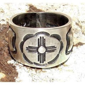 Navajo Martha Cayatineto Zia Cross Ring Size 10 Sterling Silver Band Native