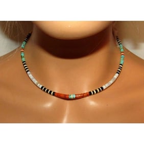 Santo Domingo Rolled Shell Orange Spiny & Turquoise Heishi Choker Necklace 16"L