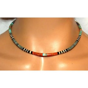 Santo Domingo Rolled Shell Orange Spiny & Turquoise Heishi Choker Necklace 16"L
