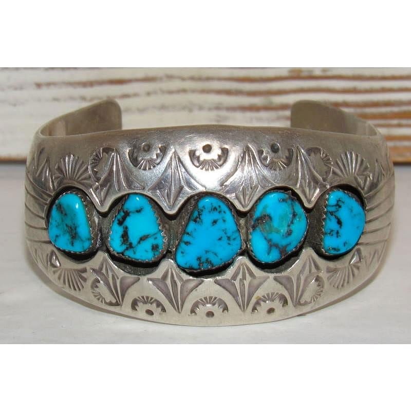 Vintage Navajo Kingman Turquoise Cuff Bracelet P. Benally Sterling Silver (1 of 6)