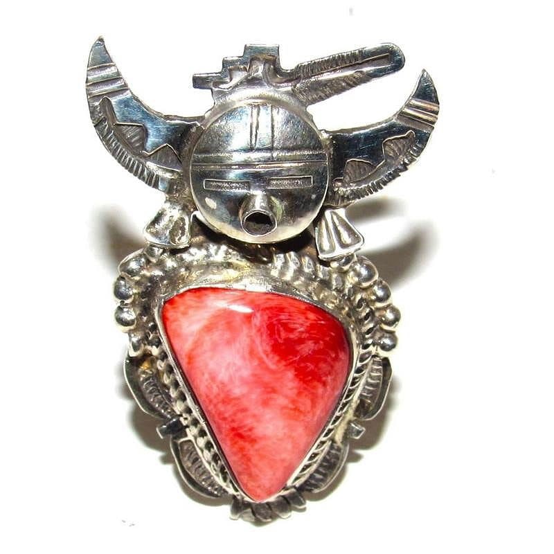 Large Navajo Kachina Ring Sz 11 Bennie Ration Red Orange Spiny Sterling (1 of 6)