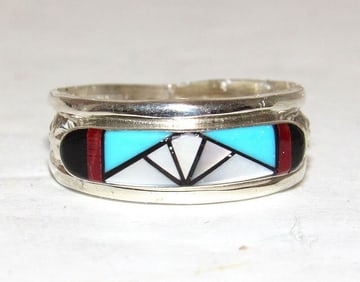 Vintage Zuni Coral Turquoise Inlay Band Ring Size 7 Sterling Silver