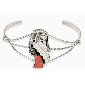 Navajo Mediterranean Coral Cuff Bracelet Sterling Silver Native American