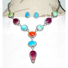 Navajo Turquoise Spiny Oyster Lariat Necklace Earrings Sterling Silver D. Begay