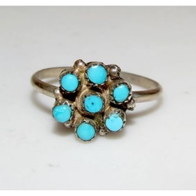 VTG Zuni Snake Eye Turquoise Cluster Ring Size 7 Sterling Silver