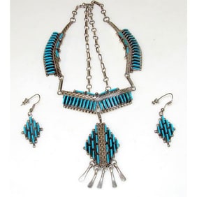 VTG Zuni Turquoise & Sterling Silver Dangle Necklace and Earrings Set