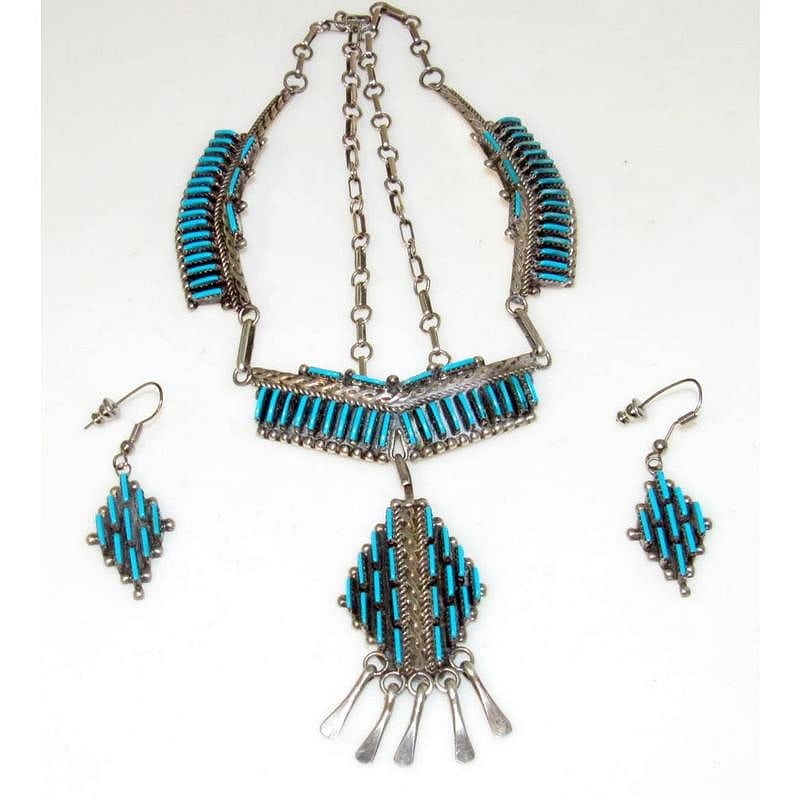 VTG Zuni Turquoise & Sterling Silver Dangle Necklace and Earrings Set (1 of 4)