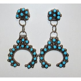 VTG Zuni Snake Eye Turquoise Naja Dangle Earrings Sterling Silver